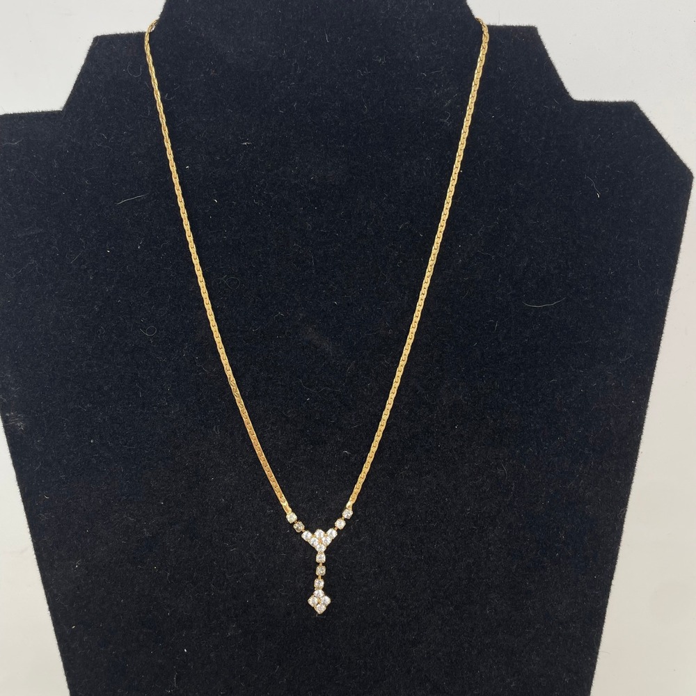 Vintage 18K Gold Filled Y-Drop Crystal Necklace Flat S-Link Chain 16 Inch
